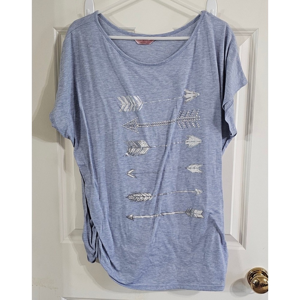 SJS Women 2X Blue Arrow Graphic T-Shirt Rhinestone Accents‎ Ruched Side Tee